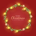 Merry Christmas background with realistic decoration round from string light, stars and christmas candy.