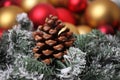 Merry christmas background, red and golden balls, pine cone and fir branches, useful as a greeting card template Royalty Free Stock Photo