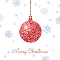 Merry Christmas background with red shiny bauble and blue snowfl