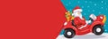 Merry christmas background with santa claus driving car and pulling gift bag on snow. Christmas banner with space for text Royalty Free Stock Photo