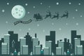 Merry Christmas background with Santa Claus flying on the sky in sleigh with reindeer at night with full moon, snow, and City. Royalty Free Stock Photo