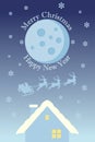 Merry Christmas background with Santa Claus flying on the sky in sleigh with reindeer at night with full moon, snow, and a house. Royalty Free Stock Photo