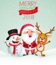 Merry Christmas background with Santa claus, snowman and reindeer Royalty Free Stock Photo