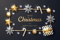 Merry Christmas background with shining gold and white ornaments.