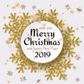 Merry Christmas background with shiny snowflakes, gold colored tinsel and streamer. Greeting card and Xmas template