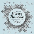 Merry Christmas background with shiny snowflakes, silver tinsel and streamer. Greeting card and Xmas template