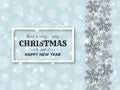 Merry Christmas background with shiny snowflakes, silver tinsel and streamer. Greeting card and Xmas template