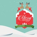 Merry Christmas Badge and Reindeer jumping in flat design with winter landscape. Royalty Free Stock Photo