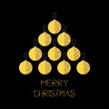 Merry Christmas ball. Gold sparkles glitter texture spruce fir tree. Flat design. Black background. Greeting card. Royalty Free Stock Photo