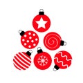 Merry Christmas ball set. Triangle tree shape. Cute round red and black bauble toy. Happy New Year sign symbol. Star, dot, zigzag Royalty Free Stock Photo