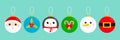Merry Christmas ball toy hanging icon set. Santa Claus head, red coat golden belt Snowman Holly berry Penguin Candy cane Tree Royalty Free Stock Photo