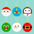 Merry Christmas ball toy hanging icon set. Tree decoration. Santa Claus head, red coat golden belt Snowman Holly berry Penguin Can