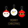 Merry Christmas ball toy hanging icon set. Tree decoration. Santa Claus head, red coat Yellow golden belt buckle. Snowman. Cute ca Royalty Free Stock Photo