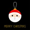 Merry Christmas ball toy hanging. Santa Claus head face, beard, moustaches, white eyebrows, red hat. Tree decoration. Cute cartoon