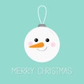 Merry Christmas ball toy hanging. Snowman face head, carrot nose. Cute cartoon funny kawaii character. Tree decoration. Blue winte