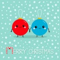 Merry Christmas ball toy icon set. Love couple holding hands. Candy Cane. Funny smiling face head. Cute cartoon character. Red and Royalty Free Stock Photo