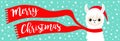 Merry Christmas banner. Alpaca llama baby face neck. Santa Claus red hat, scarf. Cute cartoon funny kawaii character. Happy New