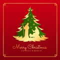 Merry Christmas banner card with Nightly christmas scenery mary and joseph in a manger with baby Jesus in green gold christmas tre Royalty Free Stock Photo