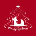 Merry Christmas banner card with scenery mary and joseph in a manger with baby Jesus and snow sign in abstract christmas tree on Royalty Free Stock Photo