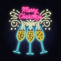 Merry Christmas banner with Champagne glasses neon sign. Vector illustration.