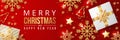 Merry christmas banner with christmas elements on red background.