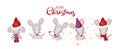 Merry christmas banner. Cute mouse in a santa hat, in a scarf, with a gift. New Year greeting card with a rat in cartoon Royalty Free Stock Photo