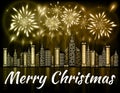 Merry Christmas banner decorated with fireworks exploding in night sky over downtown city Royalty Free Stock Photo