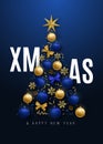 Merry Christmas banner. Decorative Christmas tree with 3d shiny and blue and golden balls.
