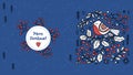 Merry Christmas banner. Folk Art Bird with Xmas berries, holly on blue background. Vector horizontal illustration in