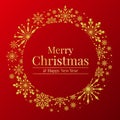 Merry christmas banner gold circle frame with abstract luxury snow sign on red background vector design