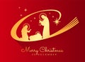 Merry Christmas banner with Gold Nightly christmas scenery mary and joseph in a manger with baby Jesus on red background Royalty Free Stock Photo