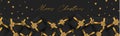 Merry Christmas banner or header. Black luxurious design - presents boxes with golden ribbon and bow, gold stars confetti. Hand wr Royalty Free Stock Photo