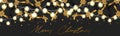 Merry Christmas banner or header. Black luxurious design - presents boxes with golden ribbon and bow, gold stars confetti. Hand wr