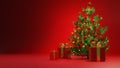 Merry christmas banner, christmas holidays, sale, Red background with realistic gifts box christmas tree