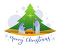 Merry Christmas banner - Mary and joseph in a manger with baby Jesus at in night time and star in pine christmas tree sign, cute Royalty Free Stock Photo