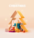 Merry Christmas banner. Mountain gifts boxes with stylized Christmas tree.
