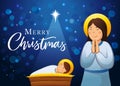 Merry Christmas banner, Nativity scene with Jesus in manger Royalty Free Stock Photo