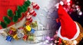 Merry christmas banner with santa drum, christmas tree and colorful christmas balls. winter effects of snow. Royalty Free Stock Photo