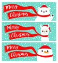 Merry Christmas banner set. Alpaca llama Bear Snowman. Santa Claus red hat, scarf. Cute cartoon funny kawaii character. Happy New Royalty Free Stock Photo