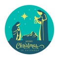 Merry Christmas banner sign with Nightly christmas scenery mary and joseph in a manger with baby Jesus and star light in navy blue