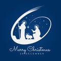 Merry Christmas banner sign with Nightly christmas scenery mary and joseph in a manger with baby Jesus and Meteor on blue backgrou Royalty Free Stock Photo