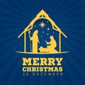 Merry Christmas banner sign with Nightly christmas scenery mary and joseph in a manger with baby Jesus vector design
