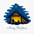 Merry Christmas banner sign with Nightly christmas scenery mary and joseph in a manger with baby Jesus vector design