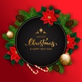 Merry Christmas banner with christmas tree branches and poinsettia flowers on red background. Vector illustration template Royalty Free Stock Photo