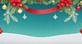 Merry Christmas banner with Christmas tree decorations, red ribbon and Christmas tree branches on an aquamarine background. Royalty Free Stock Photo