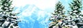 Merry Christmas banner with christmas tree. Winter forest with snow, panorama. Horizontal poster, greeting card, header Royalty Free Stock Photo