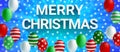 Merry Christmas banner winter season with colorful balloon and snowflake on blue background Royalty Free Stock Photo