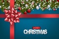 Merry Christmas banner. Xmas and Happy New Year realistic design concept. Green fir tree branches, baubles, red ribbon and bow cov Royalty Free Stock Photo