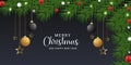 Merry Christmas banners with green leaves and black and white and golden and red balls and light with golden snowflakes Royalty Free Stock Photo