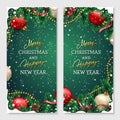 Merry Christmas banners set with fir branches decorated with ribbons, garlands and snow frames on green background. Royalty Free Stock Photo